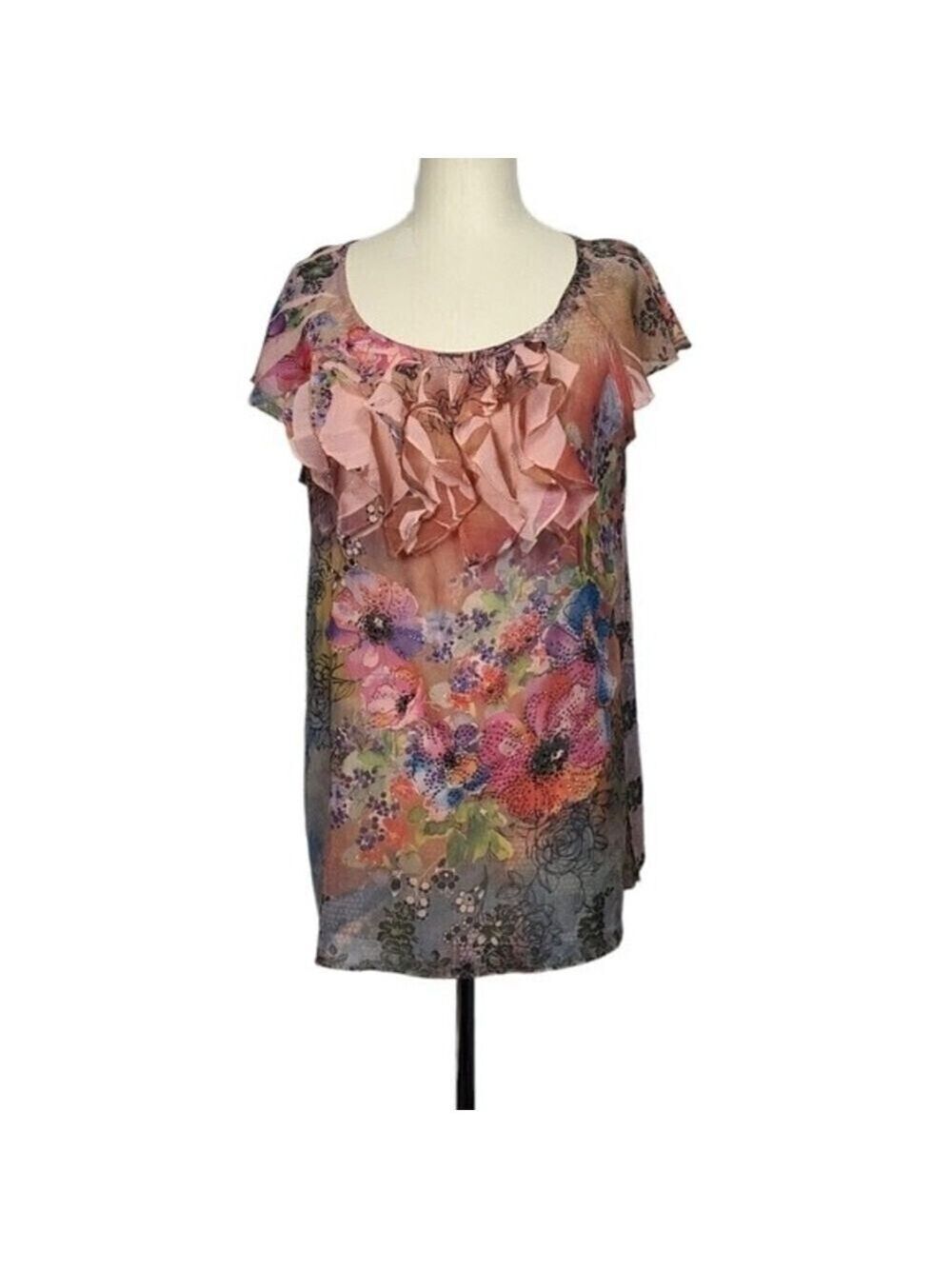 Dress Barn Floral Sheer Ruffle Rhinestone Blouse XL